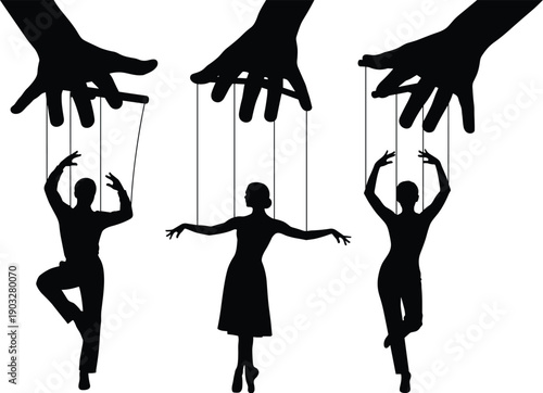 Silhouette of human marionettes controlled by giant hands symbolizing manipulation control power influence and lack of freedom in conceptual vector illustration