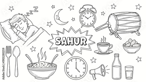 A person waking up for Sahur meal before dawn, surrounded by utensils and food, in a serene pre-dawn environment, from a bird's eye view