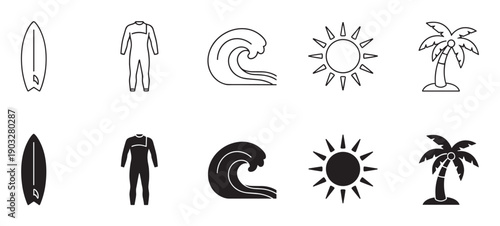 Set of black surfing icons in minimalist line art and solid glyph styles featuring a surfboard, wetsuit, ocean wave, sun, and tropical palm tree for summer vacation themes