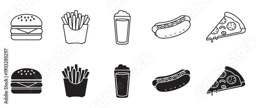 Set of black fast food icons featuring a hamburger, french fries, soda, hot dog, and pizza in two different styles, line art outline and solid black silhouette glyphs