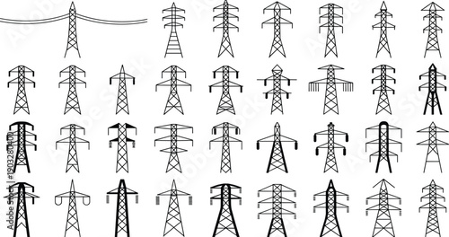Various types of electricity transmission towers, power pylons, high voltage lines, energy infrastructure, black vector icons, utility poles, grid system