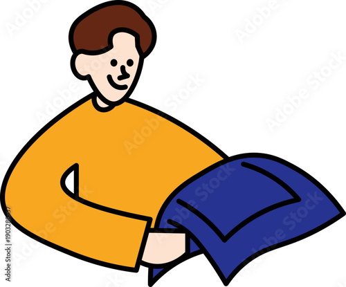 Happy man holding blue pillow smiling