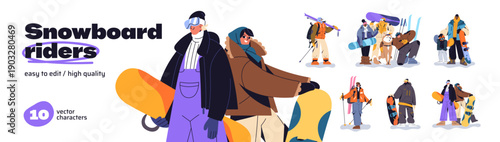 Set of snowboard and ski riders. People with sports equipment, boards for winter riding in snow mountains. Athletes are in skaters' clothes. Flat isolated vector illustrations on white background.