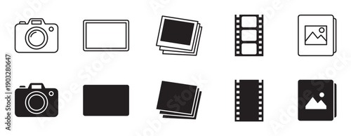 Black photography and video icon collection featuring a camera, picture frame, instant photos, filmstrip, and gallery symbol in both outline and filled silhouette styles