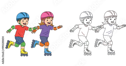 Cute cartoon children roller skating together with coloring page outline. Vector illustration of boy and girl playing sport for kids coloring book.