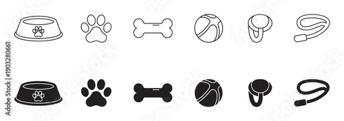Set of black pet care icons showing a bowl, paw, bone, ball, collar, and leash in two styles, outline and silhouette, for veterinary or pet shop concepts