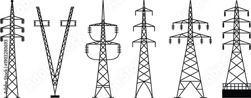 Various types of high voltage electrical transmission towers and pylons, utility poles, energy distribution, electric grid infrastructure, vector line art illustration