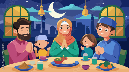 Family Gathering for Meal Celebration at Night with Cityscape View