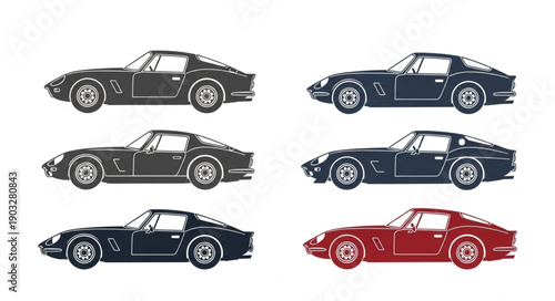 Vintage Sports Cars Collection Side View Silhouettes.