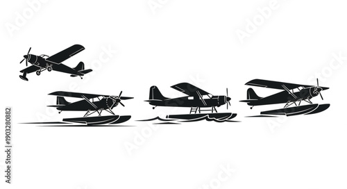 Vintage Seaplanes Flying and Docked on Water.