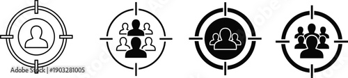 Target audience icon set with people in crosshair symbols, outline and solid styles for marketing, recruitment and customer segmentation design
