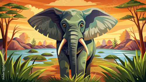 Very beautiful African elephant displaying a warning posture with spread ears in the Okavango Delta, Botswana, illustrating animal communication and raw wildlife behavior.