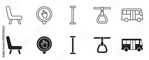 Public transport icon set with bus, seat, handle, and stop button symbols in two styles, line art and solid black glyph for user interface design
