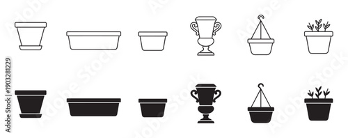 Collection of flower pot icons in line art and solid silhouette styles showing various planters, hanging baskets, trophy urns, and seedlings for gardening design concepts