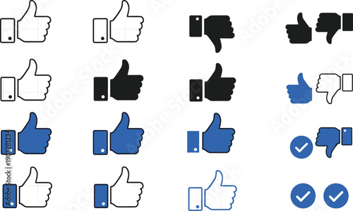 Thumbs up and thumbs down icon collection in outline, solid black and blue styles for social media feedback and user interface design