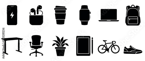 Collection of black silhouette icons representing modern lifestyle objects including a laptop, smartphone, backpack, bicycle, and office furniture in a minimalist flat vector style