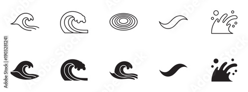 Ten black and white water icons featuring various ocean wave shapes, a concentric ripple, and a liquid splash presented in both outline and silhouette vector styles