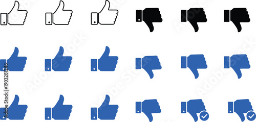 Thumbs up and thumbs down icon set in outline, solid black and blue styles for social media feedback and rating design