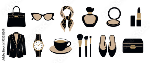 Collection of elegant women's fashion accessories and beauty products in a minimalist graphic style, featuring a handbag, sunglasses, scarf, perfume, lipstick, and blazer