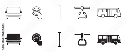 Public transport bus icon set collection showing a vehicle, seat, stop button, and grab handles in both line art and solid glyph styles for graphic design