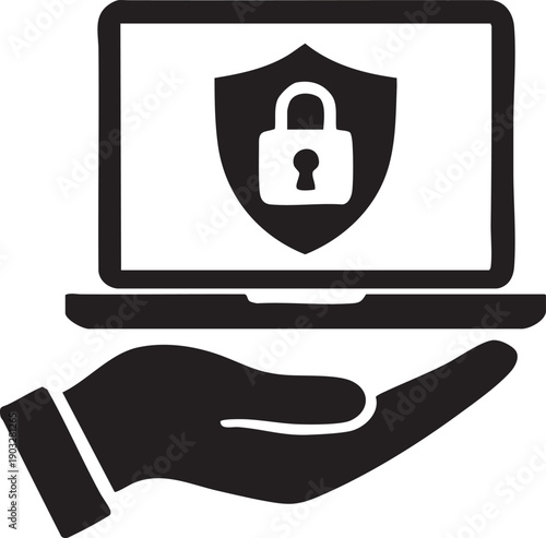 Laptop with shield and lock protected by a hand from malware and hackers online