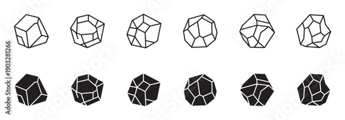 Set of black geometric crystal icons showing various faceted shapes in two styles, a simple line art outline and a solid silhouette version for graphic design projects
