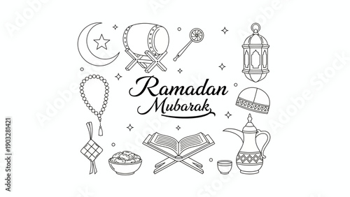 Celebrating Ramadan Mubarak with Traditional Symbols and Icons in a Simple Line Art Illustration