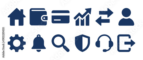 Set of blue flat user interface icons for web design and mobile apps, featuring symbols like home, wallet, payment, growth chart, user profile, security, and support