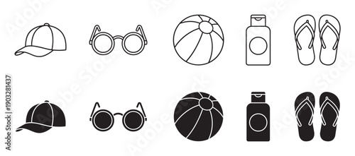Summer vacation beach accessory icons set in line art and solid glyph styles showing a cap, sunglasses, ball, sunscreen, and flip-flops for holiday and travel concepts