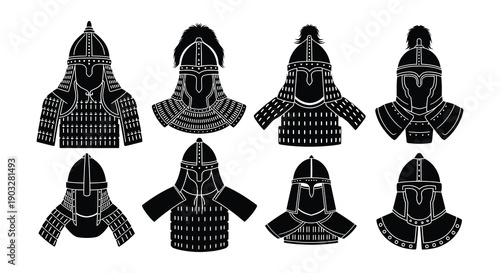 Collection of stylized black and white illustrations depicting various historical helmets