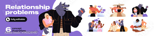 Relationship problems concept set. Couples are misunderstanding, cheating, lying and abusing. Toxic behavior of romantic partners in crisis. Flat isolated vector illustrations on white background.
