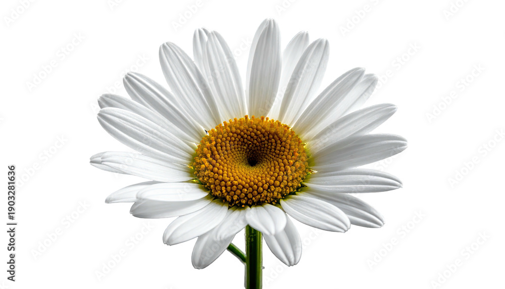 Naklejka premium A close-up view of a vibrant daisy flower with white petals and a yellow center, isolated