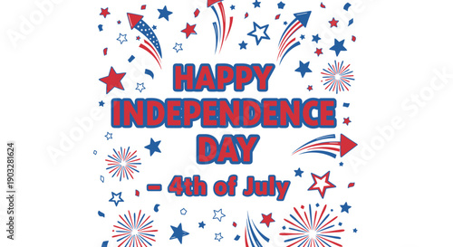 Vector Happy Independence Day 4th of July celebration background with fireworks, stars, and patriotic text, for banner or poster