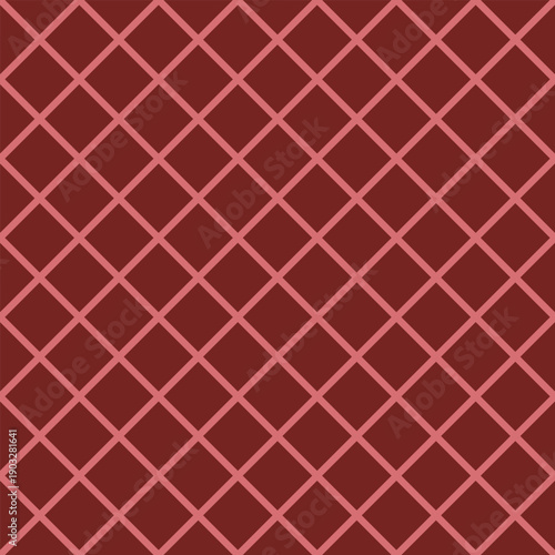 Seamless coral red diagonal grid vector on a burgundy background. Simple geometric design suitable for wallpaper, pattern design, branding, packaging, and digital use.
