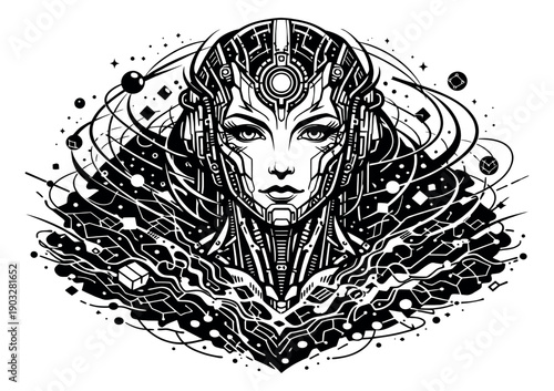 Line art illustration of a robotic woman depicting advanced artificial intelligence for technology and science fiction themes