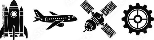 Black silhouette icons of a space rocket, commercial airplane, orbital satellite, and mechanical gear for aerospace, engineering, global communication, and transportation technology.