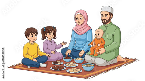 A family having a meal together on a mat with various dishes