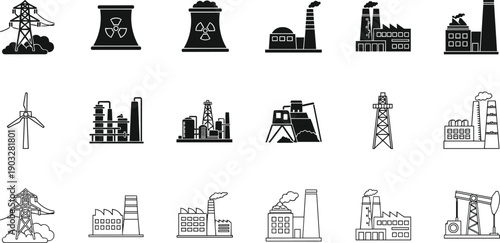 Industrial energy and power generation icon set featuring factories, power plants, oil rigs, wind turbines, and infrastructure silhouettes for industry design projects