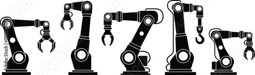 Black silhouette icons of industrial robotic arms for automated manufacturing, factory assembly lines, mechanical engineering, high tech production, and modern robotics technology.
