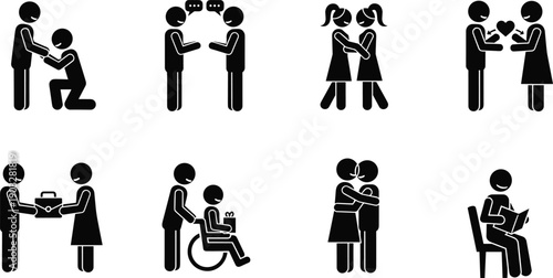 Human Relationship Interaction Icon Set Showing Communication Love Support Care Giving and Social Connection Activities for Community Healthcare Education and Infographic Design