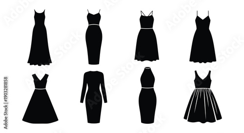 Collection of black silhouette dresses with varying styles and lengths