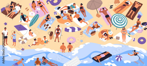 Crowd of people is sunbathing on beach and swimming in ocean. Tourists with kids relax, lying on seashore, have a rest on sea resort. Summer vacation on coast top view. Flat vector illustration.