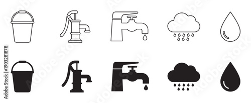 Set of black water-related icons in two styles, outline and solid glyph, featuring a bucket, hand pump, faucet, raining cloud, and water drop for graphic design