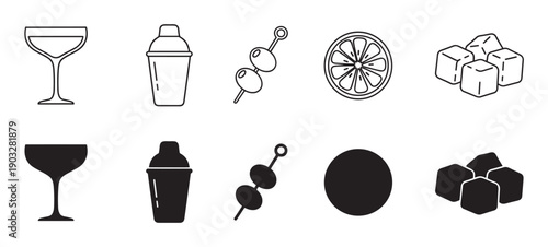 Cocktail making icon set with two styles, featuring a coupe glass, shaker, olives, citrus slice, and ice cubes presented as both thin line art and solid glyph silhouettes