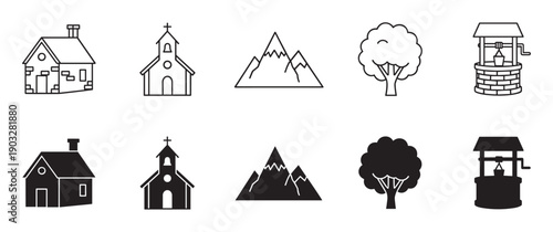 Set of black rural landscape icons showing a house, church, mountain, tree, and water well in both outline and solid silhouette styles for graphic design elements