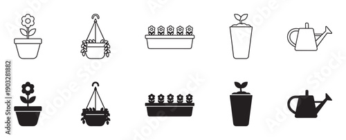 Gardening and planting vector icon set featuring a flower pot, hanging basket, planter box, seedling, and watering can in both outline and solid glyph styles for design