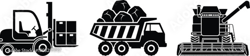 Black silhouette icons of heavy machinery including a forklift, dump truck, and combine harvester for industrial, construction, logistics, and agricultural equipment concepts.