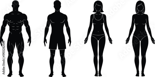Male and female human body silhouette set showing muscular and normal anatomy figures in black shapes for medical, fitness, and design use