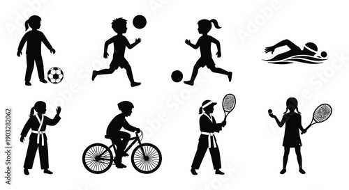 Silhouette illustrations depicting various children engaging in different sports