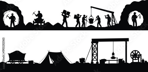 Black silhouette of coal miners working in underground tunnels and an industrial mining camp with cranes, equipment, carts, and gold rush laborers.